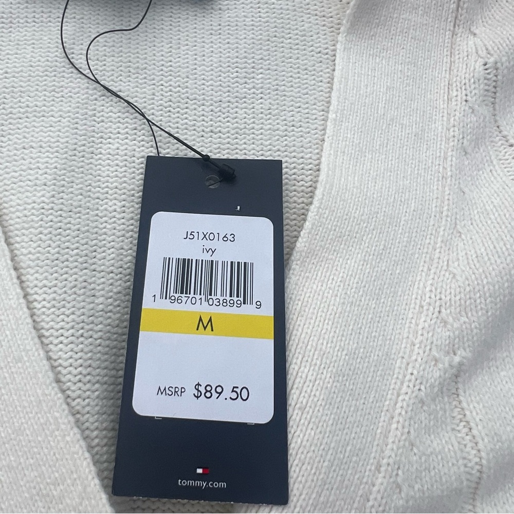 Tommy Hilfiger Cream Cable-Knit Cardigan with Red and Black Stripe Cuffs Size M - Picture 2 of 4